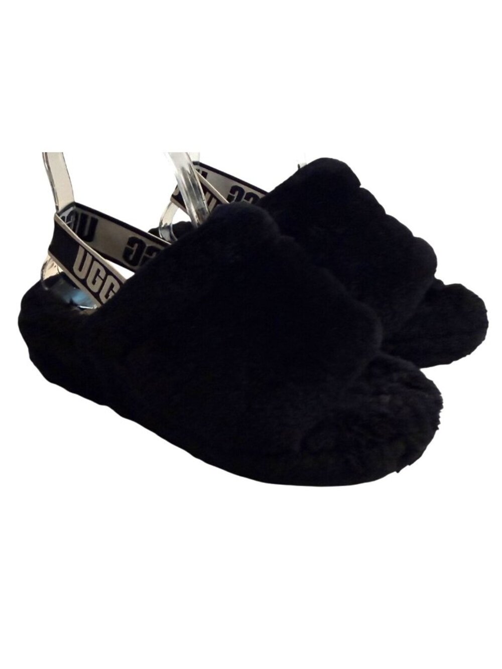 UGG Fluff Yeah Slide Women’s Black Sheepskin Shearling Logo Strap Size 6